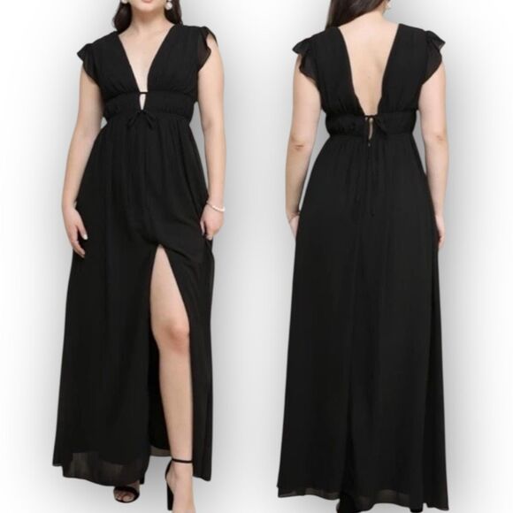 Lulus I'm All Yours Black Ruffled Maxi Dress Slit Women’s Size Large NWT - Picture 1 of 15